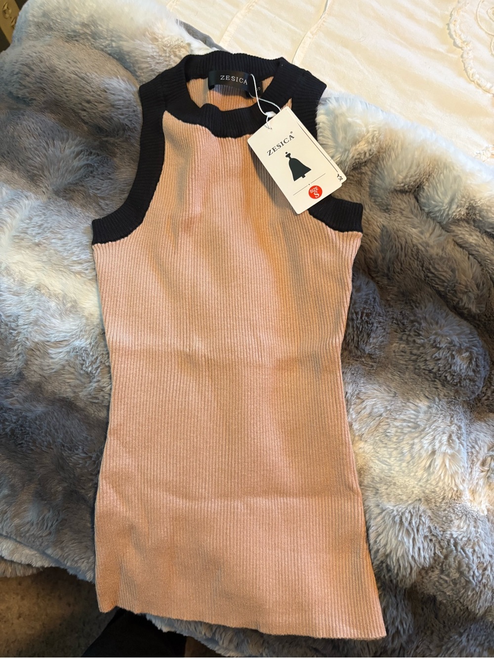 Zesica Sleeveless Ribbed Tank Dress in Blush Pink with Black Trim